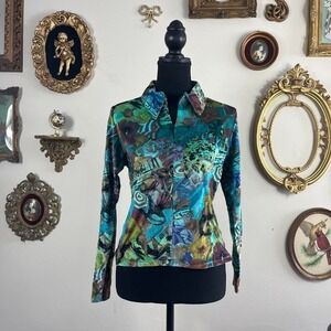 Cheryl Creations Y2K Travel Collage Slinky Quarter Zip Top Large Nylon Lycra